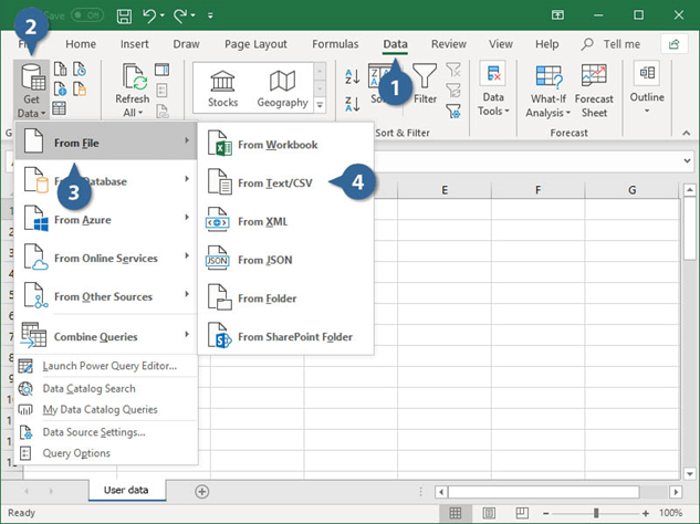 external data group, Excel Files, importing data into excel